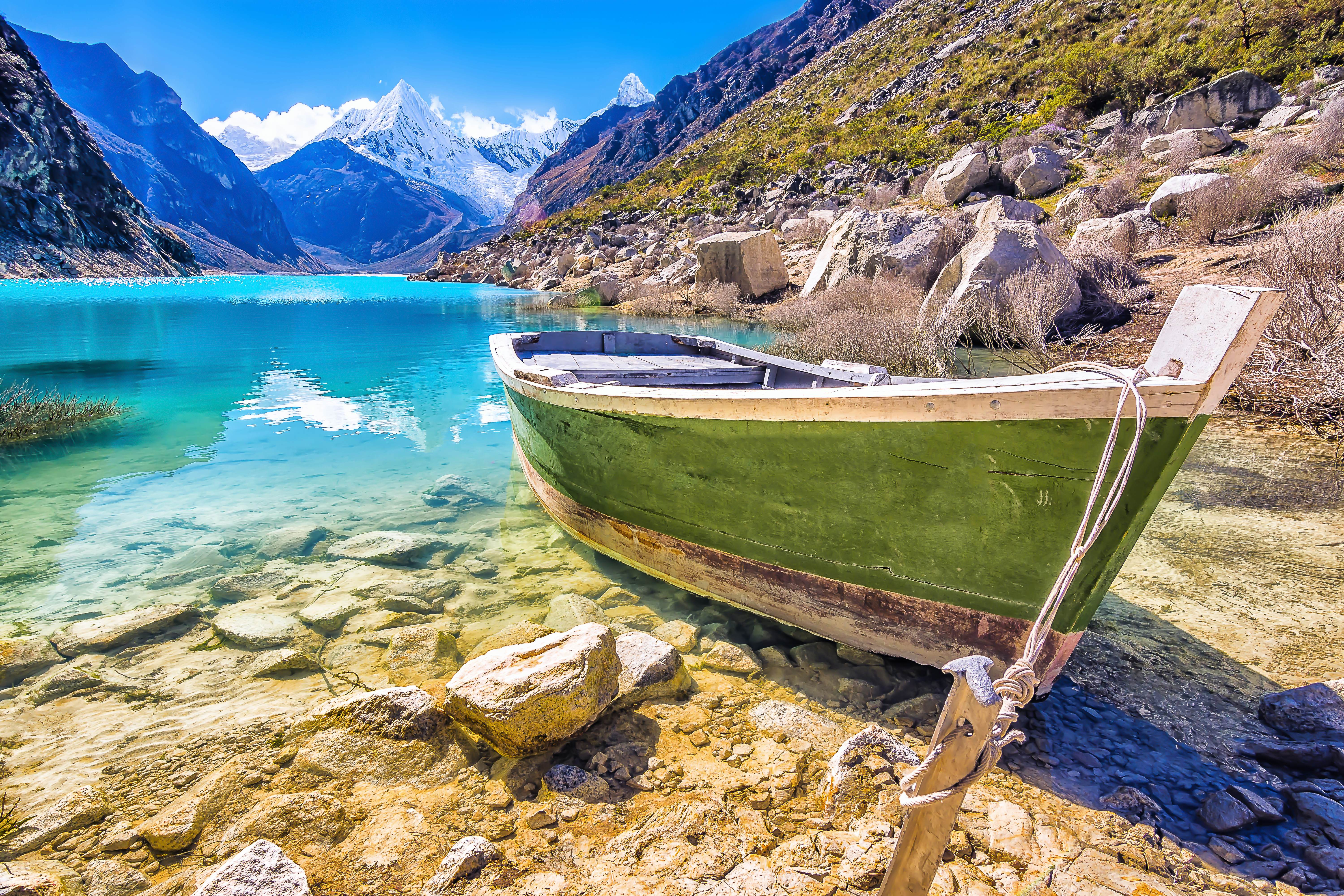 Beautiful Natural Scenery in Lake Paron with a beautiful turquoise blue water color, Cordillera Blanca, Peruvian Mountains, South America